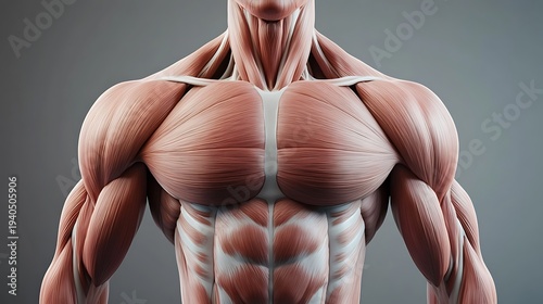 Highly detailed 3D illustration of human muscular anatomy focusing on chest shoulder and abdominal muscles with intricate muscle fibers and tendons clearly visible