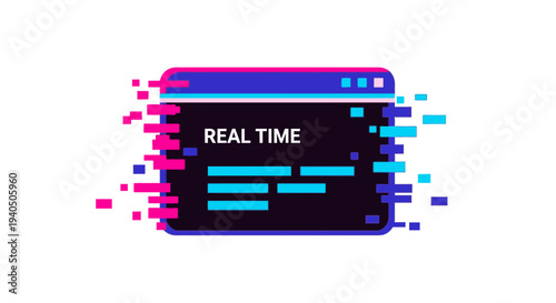 Glitching real time data stream on a computer screen with digital code and abstract colorful particles