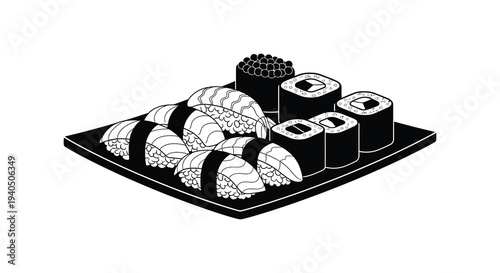 A black and white illustration of assorted sushi rolls and nigiri presented on a rectangular plate silhouette high quality professional detailed
