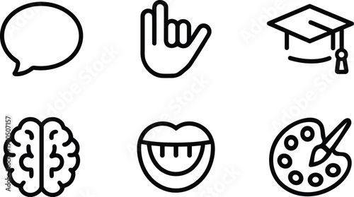 Set of six creative line art icons representing communication education art and intellect concepts isolated on transparent background