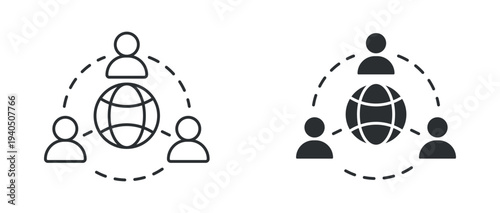 Global network icon set, people connected around globe communication symbol, in outline and solid silhouette style. Vector illustration.