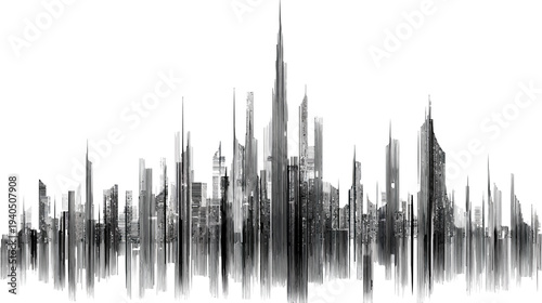 Dynamic black and white abstract city skyline with towering skyscrapers and reflection, modern urban architectural concept illustration