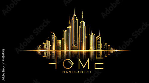Luxurious Golden City Skyline Logo with Reflective Typography for Home Management and Real Estate Concepts