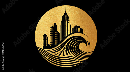 Golden Art Deco City Skyline and Ocean Wave Emblem on Black, Vintage Elegant Design, Sophisticated Graphic