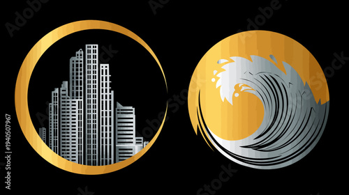 Golden circle emblems: modern city skyline and powerful ocean wave icon on black background, representing urban development and nature contrast.