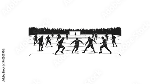 Football Players Silhouette Vector – Soccer Attack Scene with 11 Players and Audience on Playground