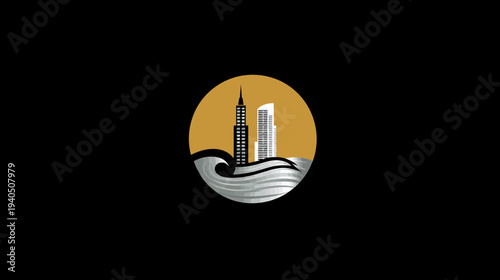 Modern cityscape and ocean waves graphic icon with tall buildings against a golden sun, abstract city skyline design