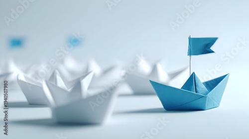 The concept of leadership is depicted by an origami boat leading other boats behind it.
