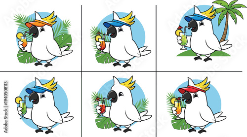 Cartoon cockatoo character set with tropical summer cocktail drinks, wearing colorful sun visors, palm leaves and beach vacation illustration vector.