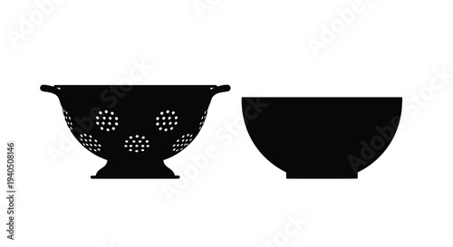 Two kitchen colanders displayed in a striking black silhouette