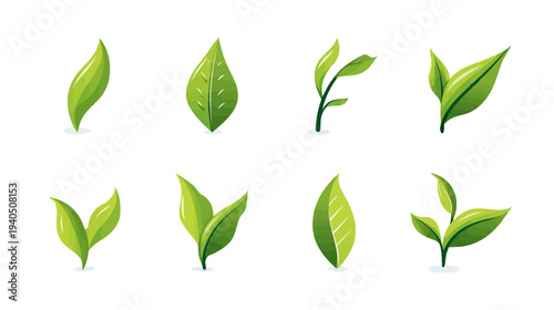 Vibrant green leaves and young plant sprouts vector illustration set. Fresh, organic nature icons symbolizing growth and ecology.