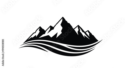 Dramatic mountain and ocean landscape presented as a stark silhouette