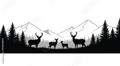 A family of deer stands before mountains in black silhouette