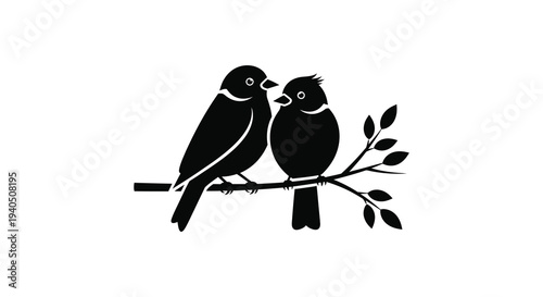 Two black birds perch closely on a branch with leaves creating a striking visual silhouette high quality professional detailed modern elegant
