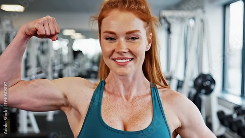 A fit redhead woman confidently flexes her muscular arm in a modern gym