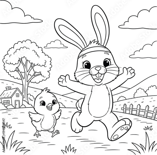 A smiling cartoon bunny and chick in a sunny meadow