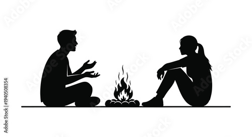 A couple sits by a campfire engaged in conversation depicted in a striking black silhouette high quality professional detailed modern elegant
