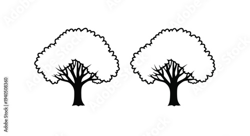Two rounded trees stand prominently against a white background silhouette