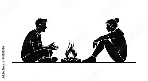 A couple sits near a campfire engaged in conversation depicted in a striking black silhouette high quality professional detailed modern elegant