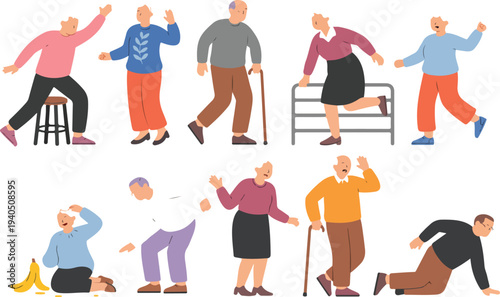 Elderly People Falling Vector Set with Senior Accident and Fall Prevention Situations Isolated Flat Illustration Collection