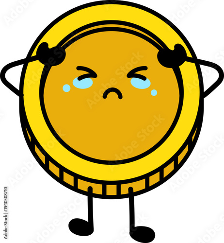Crying gold coin money cartoon character illustration