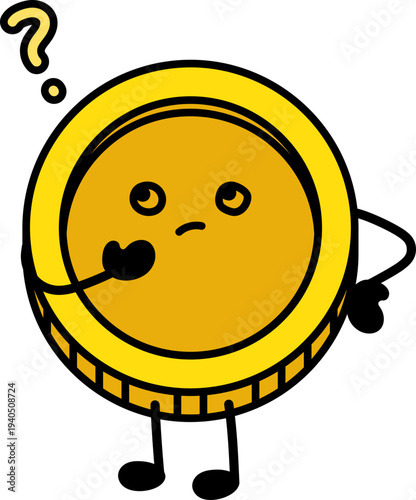Confused gold coin money cartoon character illustration