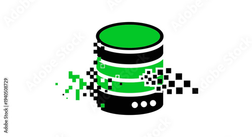 Abstract digital database icon with green and black layers dissolving into pixels on a white background