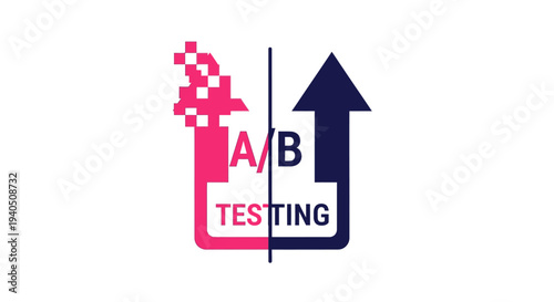 A/B Testing concept with split graphic, pixelated pink side and dark blue arrow pointing up