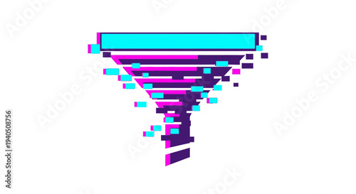 Abstract glitch funnel shape with digital noise and distorted lines on white background, futuristic concept