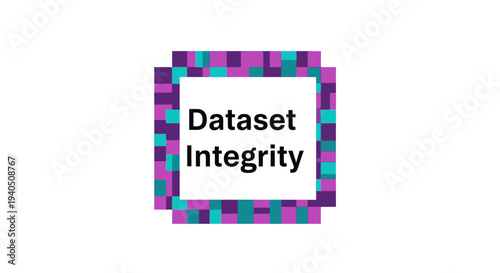 Dataset Integrity concept, abstract pixel art frame with text on white background