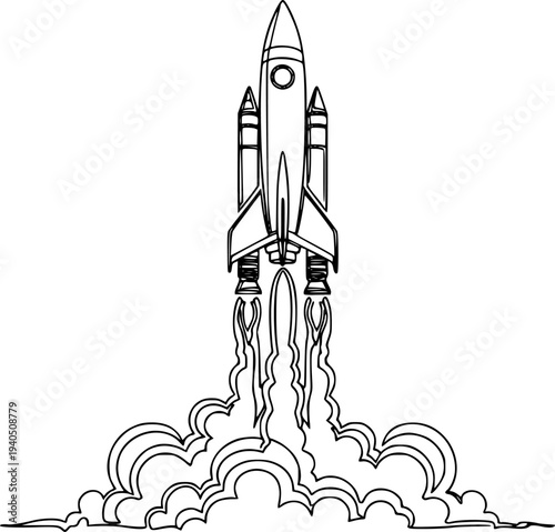 Dynamic continuous line drawing depicting a space rocket launching upwards