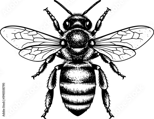 Insect drawing of a bee on transparent background. Vector hand drawn illustration