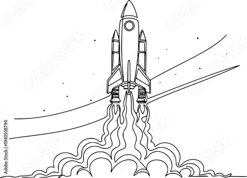 Dynamic continuous line drawing depicting a space rocket launching upwards