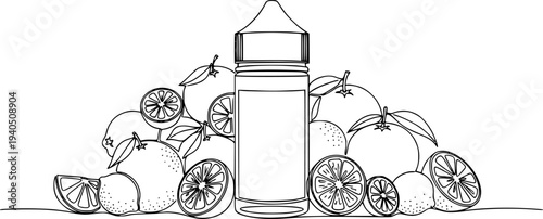 Modern continuous line drawing of an ejuice bottle with assorted citrus fruits
