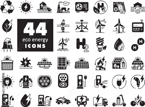 Collection of forty four eco friendly energy icons representing renewable energy sources and sustainable living practices for environmental conservation efforts worldwide effectively