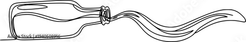 Minimalist continuous line drawing of a glass bottle containing liquid, forming a wavy trail