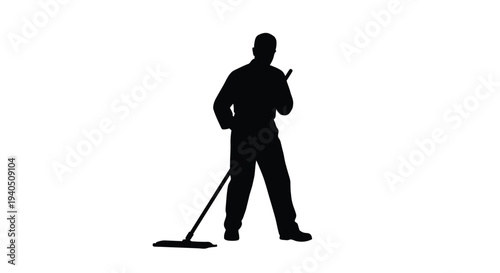 A janitor stands with a mop against a white background silhouette