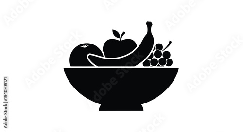 A black silhouette of fruit arranged in a bowl of abundance