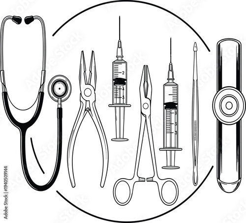 Comprehensive Medical Diagnostic and Laboratory Equipment Set Featuring CT Scanner Ultrasound Microscope Centrifuge Syringe and Hospital Scientific Research Tools Vector