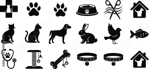 Domestic pet care and veterinary clinic vector icon silhouette set featuring dogs cats birds fish grooming tools and medical supplies