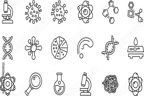 Science laboratory line icon set featuring research equipment microscope atom dna molecules virus cells magnifying glass and chemical chemistry vector symbols