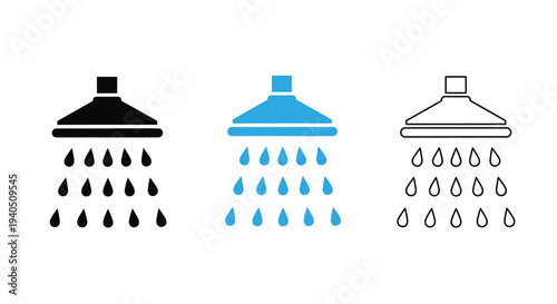 Three shower head icons displaying different color variations silhouette