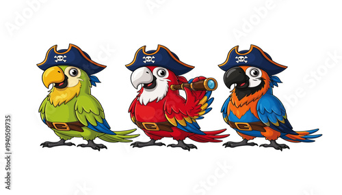 Cute Cartoon Pirate Parrot Character Set Featuring Green Red and Blue Macaws Wearing Captain Hats and Holding a Spyglass for Childrens Nautical Adventures and Playful Graphic Designs