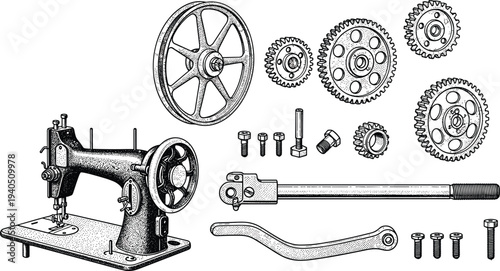 Vintage Sewing Machine with Industrial Mechanical Parts Set Including Gears Flywheels Bolts and Metal Lever Arms for Tailoring and Engineering