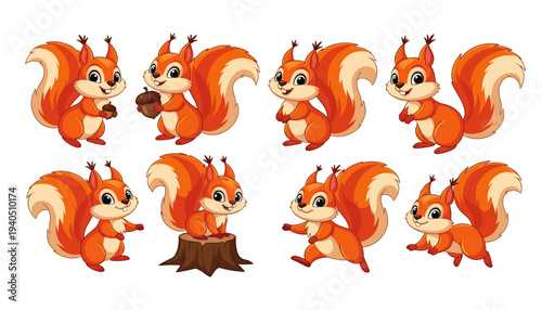 Cute Cartoon Squirrel Character Set Featuring Various Poses and Expressions Including Holding an Acorn Running and Sitting on a Tree Stump for Childrens Illustration and Playful Graphic Designs