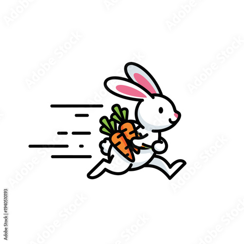 Fast Rabbit Running with Carrots on Back, Speed, Healthy Food Delivery Concept