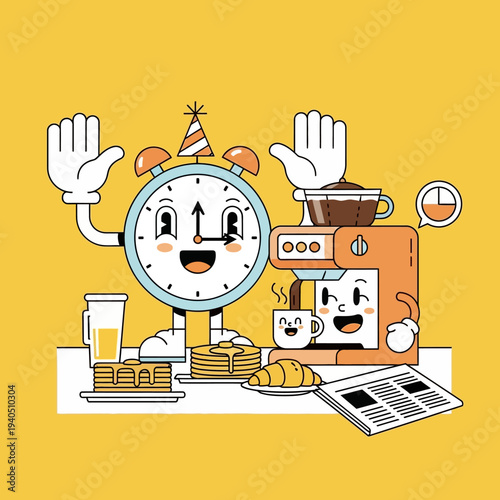 Retro Alarm Clock Character Enjoying Breakfast with Coffee and Pancakes