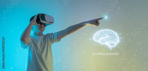 Boy using virtual reality headset interacting with artificial intelligence hologram interface representing future technology, digital innovation and immersive learning