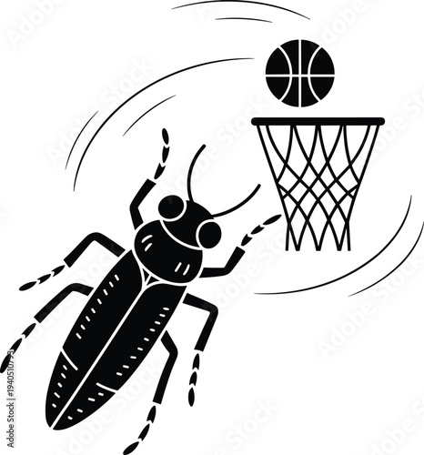 Cricket jumping to dunk basketball into hoop insect