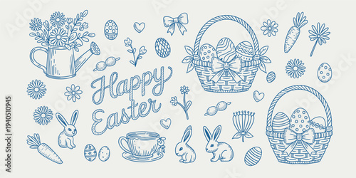 Blue line easter with bunnies and baskets bunny rabbit 1
